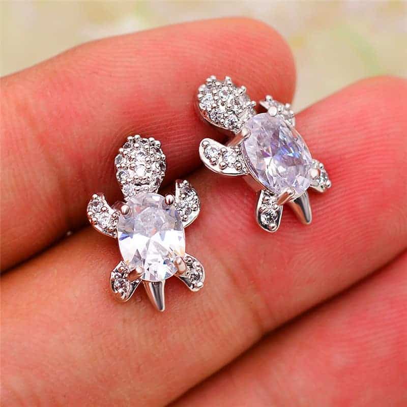 Boucles D'Oreilles Dormeuses Tortue Argenté Avec Cristaux - Style Goutte - Parfait État - Occasion